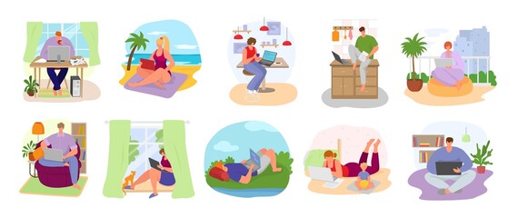 Obraz premium Freelance workplace set of vector illustration. Freelancer working at home office computer. Remote work of designer, it programmer, manager or blogger. Job or business by internet, freelancing people.