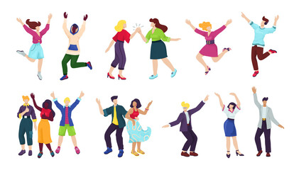 Happy young people isoated on white set of vector illustrations. Happiness, freedom, motion, diversity and people together concept. Group of happy smiling men and women jumping, having fun poses.