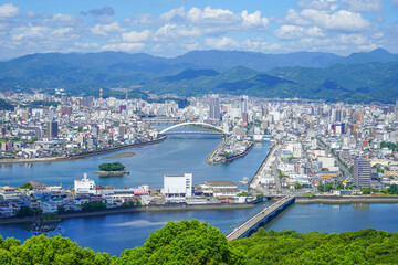 高台から眺める高知市の街並みと四国山地