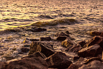 Rocky coast of the Gulf of Finland at sunset. Romantic evening. Summer
