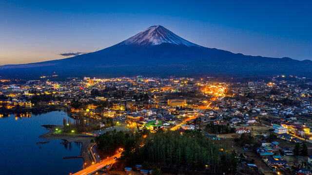 Fuji mountains and Fujikawaguchiko city at night, Japan.