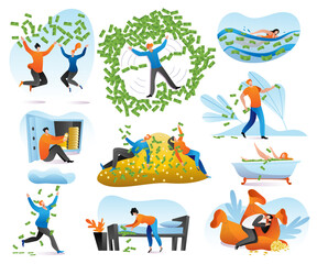 Rich people characters, wealth, businessman with money set of cartoon vector illustrations. Man bathing in riches money, happy millionaire, magnate, gold and richness good luck, fortune.