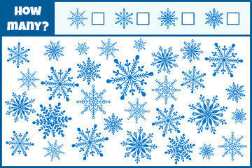 Educational mathematical game. Count the number of snowflakes. Count how many snowflakes. Counting game for children.