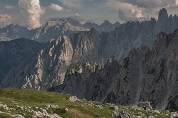 Cadin di Misurina mountain group as seen from Rifugio Lavaredo, Eastern Dolomites, South Tirol, Italy.