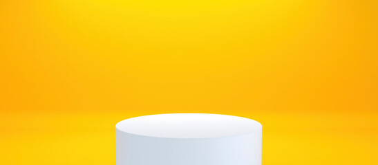 Banner of empty podium or pedestal display on yellow background with box stand concept. Blank product shelf standing backdrop. For products and business concepts