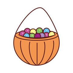 halloween candies, pumpkin with many sweets vector illustration design