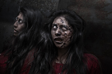 woman with long hair disguised as a zombie, reflecting in a mirror, with dark background, horror 
