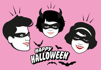 Retro style vampire family wearing masks. Happy Halloween text surrounded by bats.