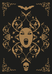 Frame illustration ornamental background with terrifying symbols. Skulls and vampires. Halloween party