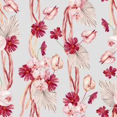 Washable Wallpaper Murals Bordeaux watercolor illustration, seamless texture in the bohemian style with burgundy palm leaves, orchids, protea, anthuriums and yellow aster