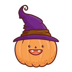 halloween cute pumpkin with hat witch, in white background vector illustration design