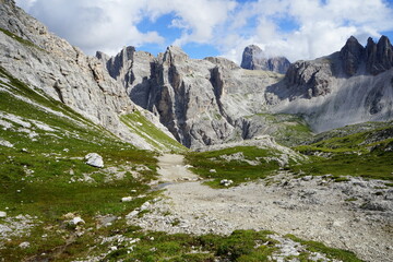 Mountain hiking road in Parco Nazionale Tre Cime di Lavaredo, Dolomites, Unesco, Sudtirol, Trentino Alto Adige, Italy