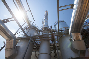 Sulphuric acid plant. Furnace for sulfur burning, tubes for sulphur dioxide. Smoking stack (factory...