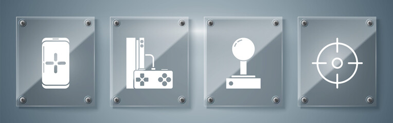 Set Target sport, Joystick for arcade machine, Game console with joystick and Smartphone and playing in game. Square glass panels. Vector. © Oksana