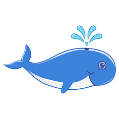 Cute blue whale squirting water vector. A hand drawn design on isolated white background.