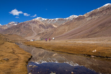 Six tourists at Chandratal in colorful jackets walk on yellow flora by a clear stream of water and reflections of mountains on it near moon lake on a clear day with blue sky and few white clouds.