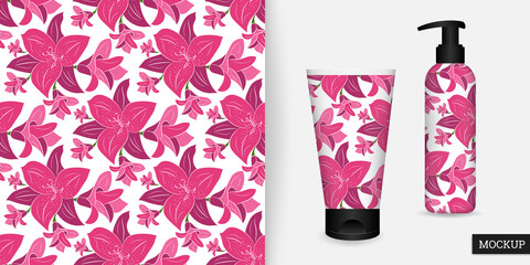 Lily flower seamless pattern. Lilies background. Vector illustration. Floral repeating texture. Modern ornament. Design for paper, wallpaper, textile. Mockup.