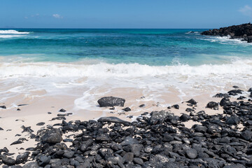 View of rocky beach and waves on the coast of Lanzarote island, Canary Islands