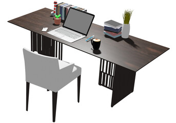 Modern office desk, 3D illustration with decorations such as trees, coffee mugs, books and chairs, phones, pens. On a white background. With cutting path. Images show every angle