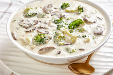 Mushroom Broccoli Cheese Soup in a white bowl