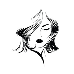 Beautiful woman with long, wavy hairstyle and elegant makeup.Beauty and hair salon illustration.Cosmetics, hairdresser and spa icon.Young lady portrait.Cute girl face.Front view.