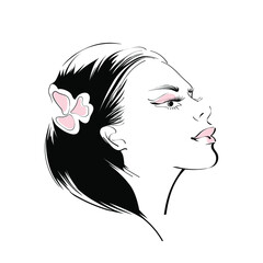 Beautiful woman with long, wavy hairstyle and elegant makeup.Beauty and hair salon illustration.Cosmetics, hairdresser and spa icon.Young lady portrait.Profile view girl face.Pink lipstick and flower.