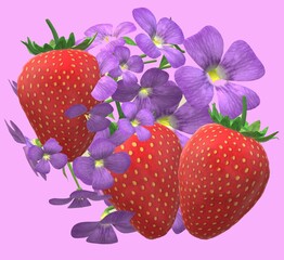 3D image: strawberry with flowers on the background