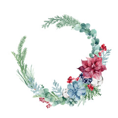 watercolor illustration, christmas wreath with spruce, pine, eucalyptus branches, berries, cotton, christmas gingerbread and succulent