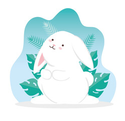 cute rabbit and tropical leaves vector illustration design