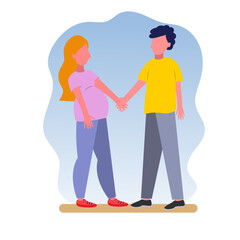 A young couple waiting for the birth of a child. A pregnant woman with her husband, a couple in love holding hands