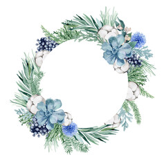 watercolor illustration, christmas wreath with spruce, pine, eucalyptus branches, berries, cotton, christmas gingerbread and succulent