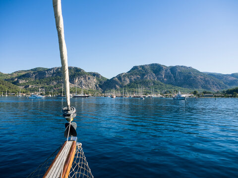 Traditional Turkish Gulet boat arriving in Dalaman Harbour