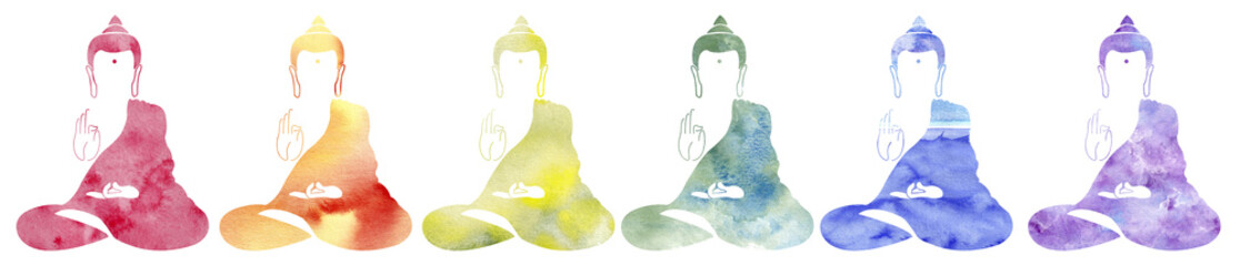 Watercolor buddha silhouette isolated on white background. Spa logo with buddha. Indian, Buddhism, Spiritual motifs. Set of colorful yoga icon