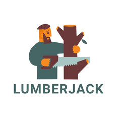 Lumberjack colorful beautiful logo, isolated on white background. Bearded hipster man. Concept woodworcking job. Cartoon flat designe. Vector illustration.