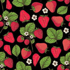 Seamless pattern with strawberries, leaves and strawberry flowers. Hand drawn. Vector illustration.