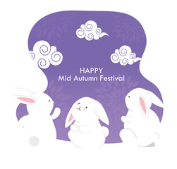 chinese mid autumn festival with rabbits and clouds vector illustration design