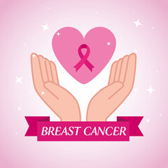 hands with pink ribbon, symbol of world breast cancer awareness vector illustration design