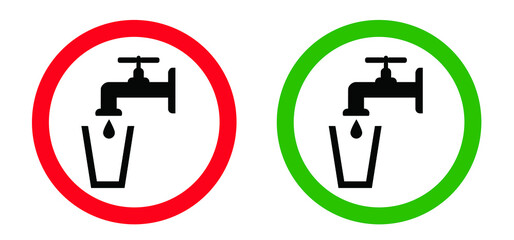 Stop, do not drink this water, faucet symbol. Not drinking bacteria water icons. Contaminated water. Flat vector legionella signs. Legionellosis. Don`t drink water tap sign Suitable drinkable water.