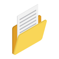 Yellow folder with documents in isometric style. Vector illustration isolated on white background