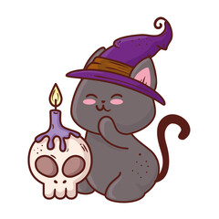 halloween, cute black cat using hat witch and skull with candle vector illustration design
