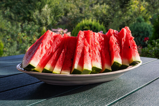 Sliced juicy red watermelon on a platter on a garden table against a garden background