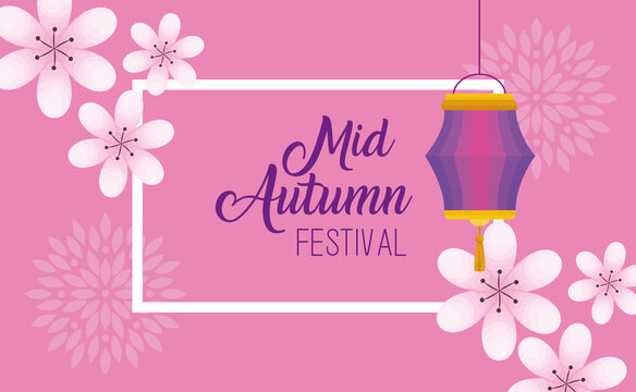 chinese mid autumn festival with flowers and lanterns hanging vector illustration design