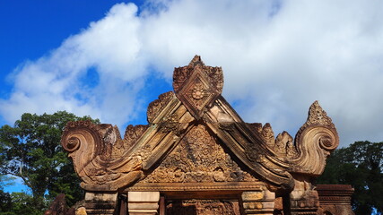 Cambodia Siem Reap－July 27, 2016: Ancient architecture and natural scenery  in Angkor Wat Cambodia. Photo taken in outside area. (Lady temple, Water fall (Phnom Kulen), Beng Mealea temple and Tonle Sa
