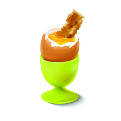 Vector image of a boiled egg on a white background. An isolated boiled egg on a stand with a crouton. Vector illustration. Boiled broken egg in the shell.