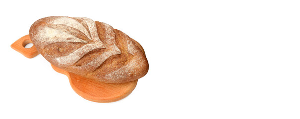 Dark bread isolated on white background . Wide photo. Free space for text.