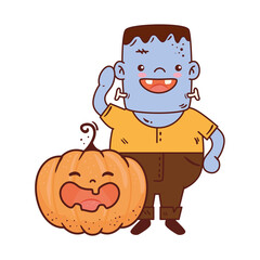 boy disguised of frankenstein with pumpkin for happy halloween celebration vector illustration design