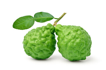 Two fresh Bergamot fruits with green leaf isolated on white background. Clipping path.