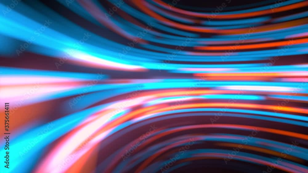 Poster glowing round illuminated lines in the dark round room, 3d rendering.