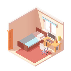 Vector realistic bedroom interior. Isometric view. Room with bed, table and table PC.