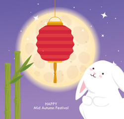 chinese mid autumn festival with rabbit, bamboo and lantern hanging vector illustration design